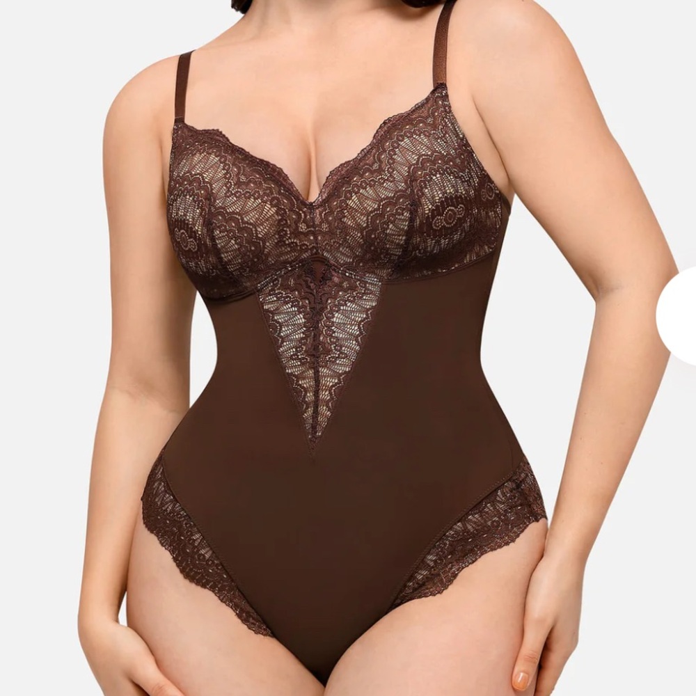 🕶️Feelingirl brown shapewear bodysuit lace with nude underlining large NEW - Picture 1 of 11